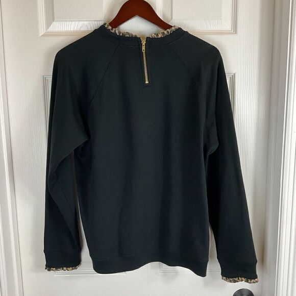 J Crew Women Black Sz XL Sweatshirt Animal Print Trim Pullover Zipper Comfort N3 - Picture 5 of 11